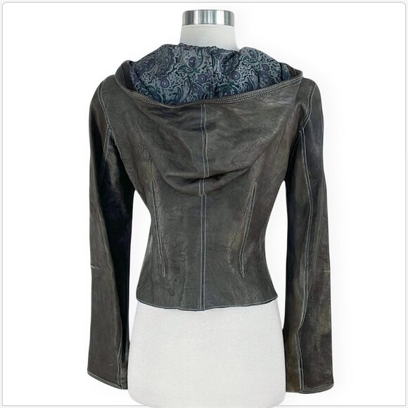 Tag Elements Olive Gray Distressed Textured Leather Hoodie Jacket Hood S M ? - Picture 4 of 5